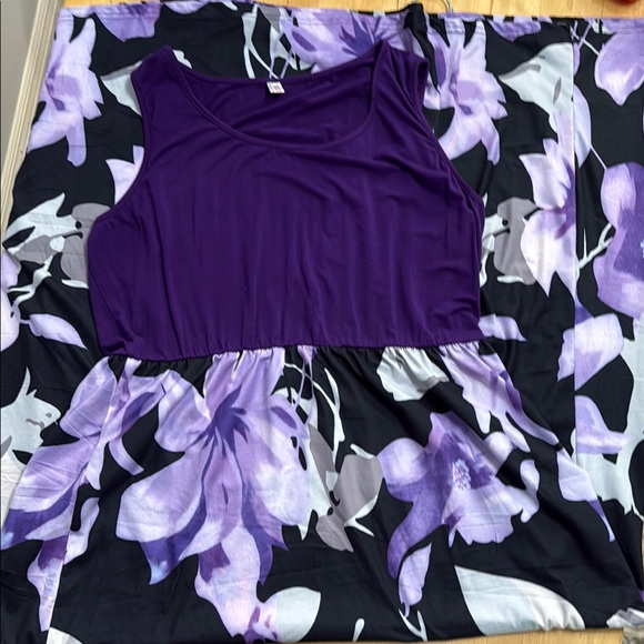 HAWAIIAN  FLORAL SUNDRESS DRESS PLUS 2X PURPLE BLACK WHITE SCOOP-NECK STRETCH - Picture 9 of 11